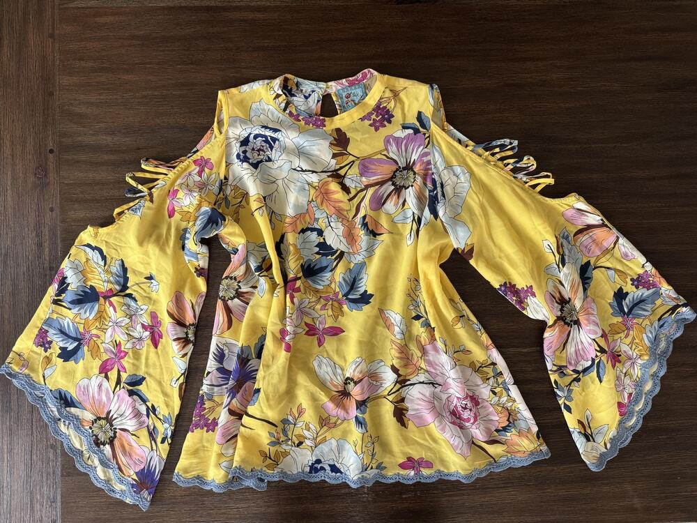 Johnny Was Blouse Womens XS Yellow Floral Bell Sleeve Tunic Silk Top